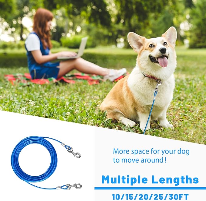 Dog Tie Out Cable - 10/15/20/25/30 FT Blue Steel Wire Cable with Durable Clips - Large Dog Lead for Outside Use - Up to 165 lbs