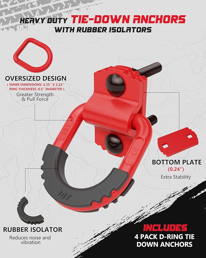 D-Ring Tie Down Anchors with Rubber Isolators, 4 Pack Heavy Duty 10 Ton Capacity Carbon Steel, Bolt-On with Mounting Hardware, Zinc & Powder Coated for Trailer, Truck, Pickup, Garage-Red