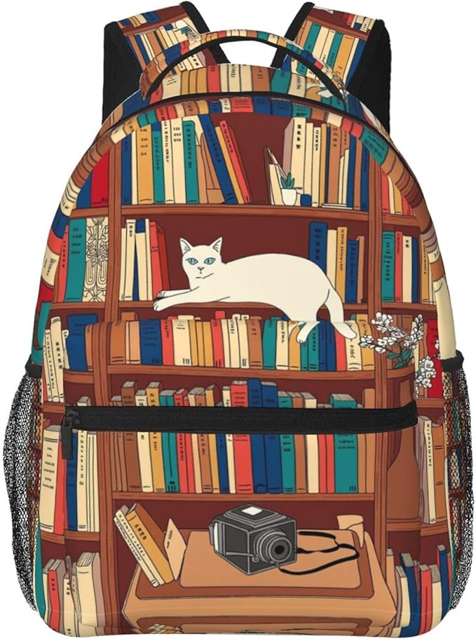 Daypack Bookbag Multipurpose Anti-Theft Big Capacity Carry On Bag, Book Lover Catsleeping Over Bookshelf In Library Art Travel Hiking Camping Rucksack With Padded Straps