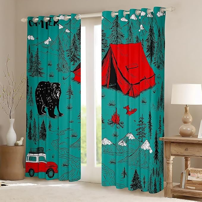 Feelyou Camper Camping Curtains for Bedroom Living Room Rustic Farmhouse Animal Bear Blackout Darkening Drapes Green Camping Window Treatments, 2 Panels 38 x 54 Inch Room Decor