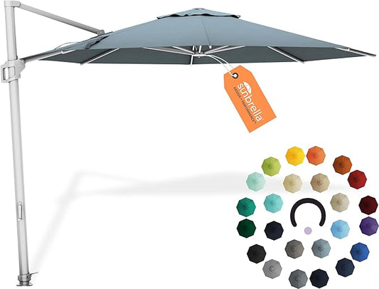 Midtown Umbrellas The Grande Round 10 FT Outdoor Cantilever Patio Umbrella w/Sunbrella Canvas Haze Acrylic Fabric - 8 Rib Aluminum Frame Offset w/Tilt And 360° Rotate Pedal System - Silver Frame
