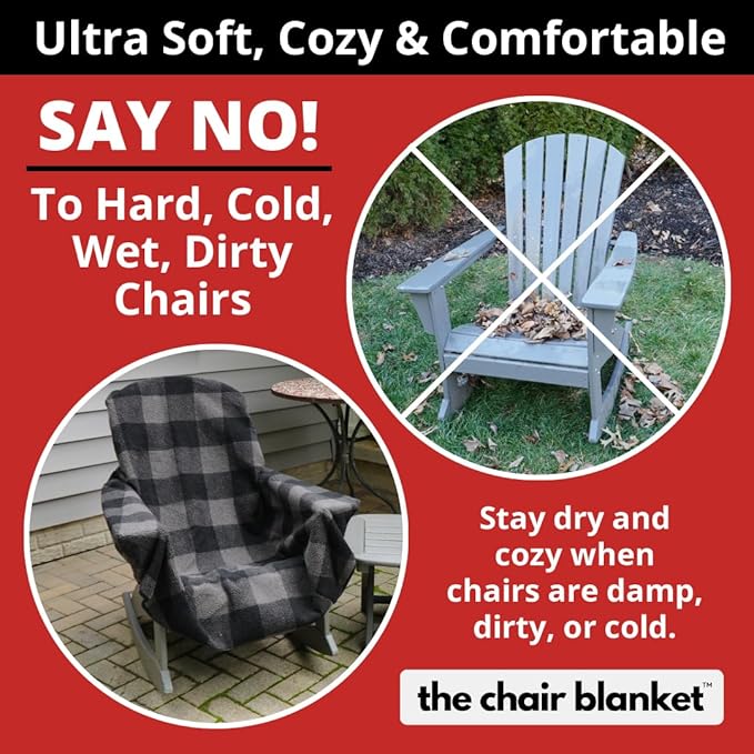 The Chair Blanket – Reversible, Waterproof & Sherpa-Lined - Stretchable Elastic Back - Original Patio Chair Cover – Ideal for Homes and Outdoor Furniture- with Carry Pouch – Gray Plaid
