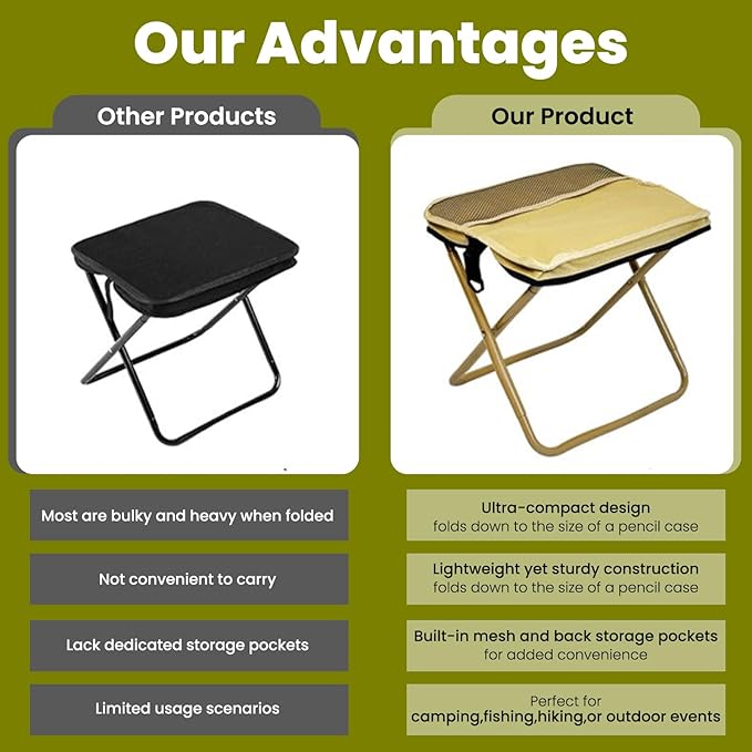 Foldable Portable Backpack Stool|Collapsible Stool for Camping,Hiking |Lightweight Ultralight Pocket Chair|Capacity 330LBS|Outdoor Footstool for Travel Walking Fishing Picnic BBQ (Army Green, Large)