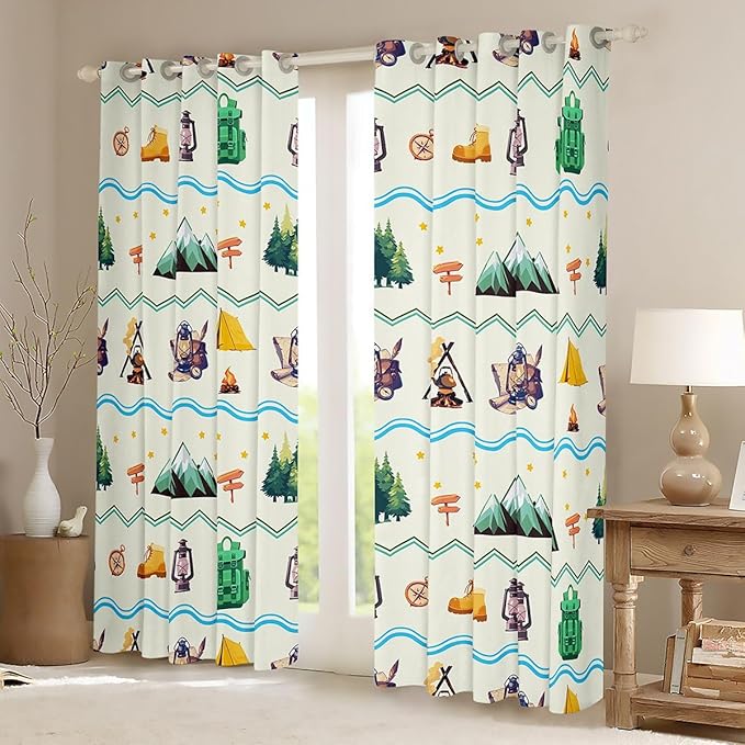 Happy Camping Adventure Blackout Curtains,Tent Bonfire Campfire Camper RV Boys Girls Room Decor,Star Pine Tree Mountain Natural Window Curtains,Beige 2 Panels,38Wx45L inch
