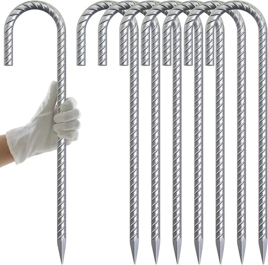 AAGUT 16 Inch Rebar Tent Stakes Heavy Duty 3/8" J Hook Ground Anchors Galvanized Steel Metal Garden Stake Yard Landscape Spikes 8 Pack for Chain Link Fence, Canopy