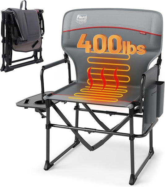 TIMBER RIDGE Heavy Duty Aluminium Heated Camping Chair with Compact Size, Portable Directors Chair Supports Up to 400lbs with Side Table and Pocket for Camping, Lawn, Sports (Power Bank not Included)
