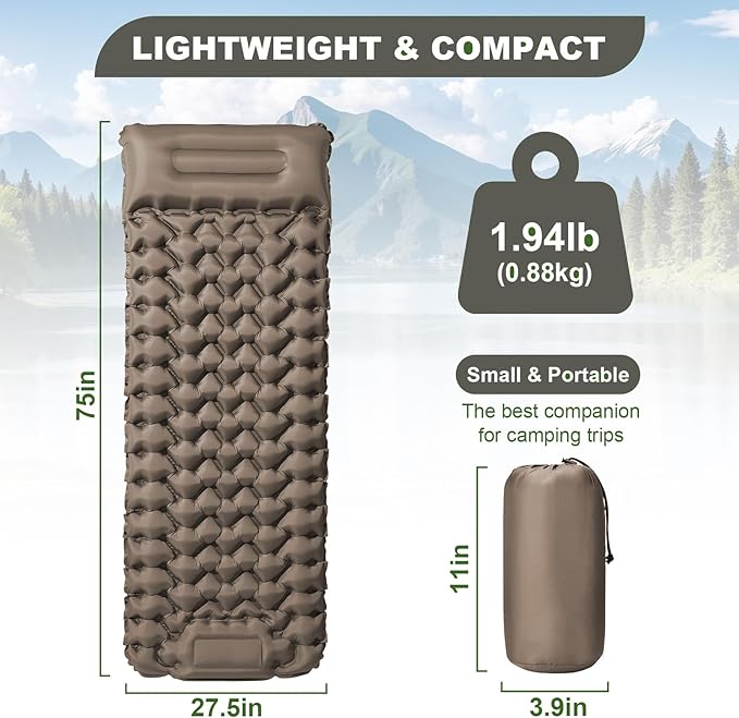 Ultralight Air Pad: 1.9lbs Camping Mattress with Pillow & Foot Pump - 4" Thick with One-Second Deflation for Easy Backpacking