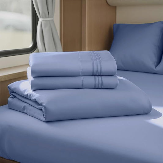 Hearth & Harbor Short Queen Sheets for RV, Steel Blue RV Queen Sheets, Silky Soft 1800 Microfiber Bed Sheet for Camper, 4 Piece RV Bedding with Pillowcases