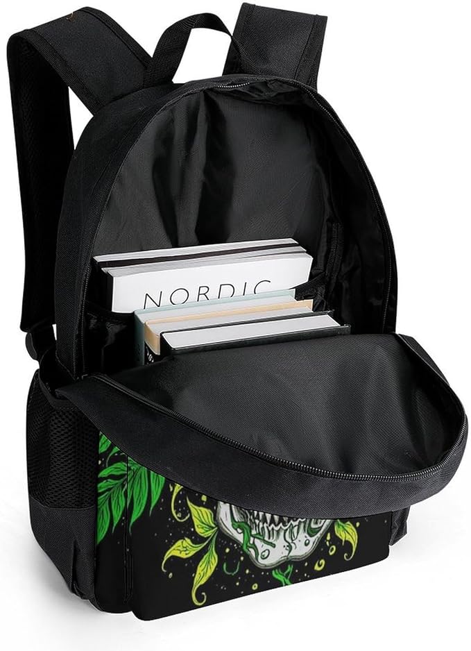 Lightweight Rucksack for Sports Travel Running, Big Capacity Multipurpose Anti-Theft Bookbag, Skull Marijuanaweed Leaf Green Black Travel and Sport Backpack Rucksack