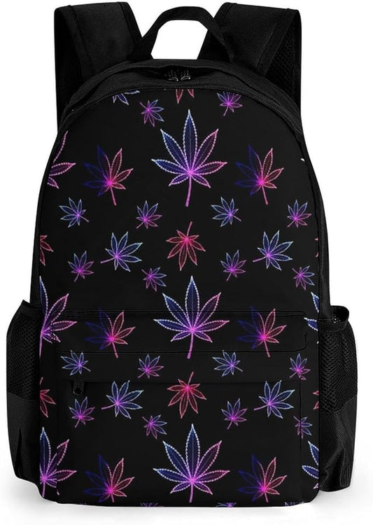 Rucksack Polyester Anti-Theft Multipurpose Trippy Neon Purple Weedleaf Leaf Black Carry On Bag Large Capacity Travel and Sport Backpack Rucksack With Smooth Zippers