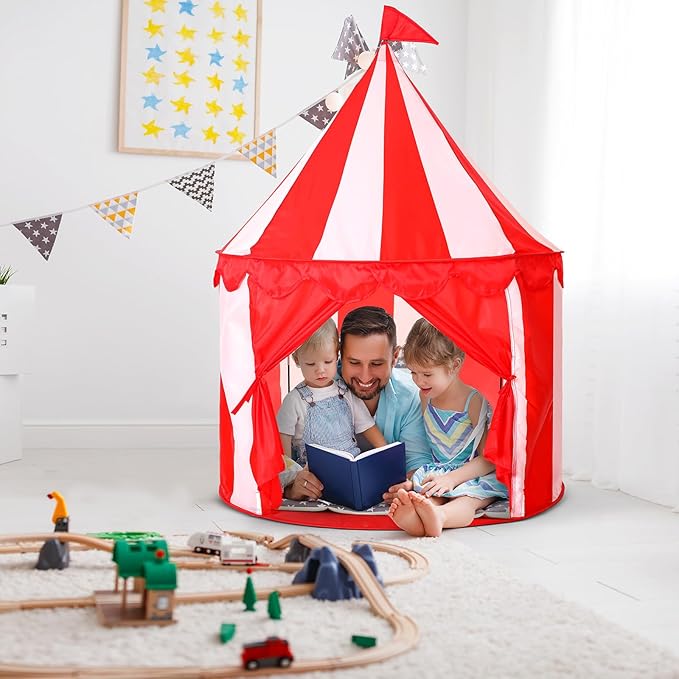 Circus Tent Red Floor Play Circus Tent Large Playhouse Castle for Play and Games Indoor and Outdoor Camping Activity(Red, White)