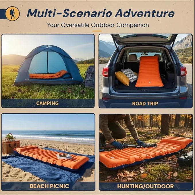 4 Inch Thick Camping Sleeping Pad with Internal Straps - R Value 4.0 for 4 Seasons, Durable & 100% Waterproof Outdoor Air Mattress, Lightweight Sleeping Mat for Hiking, Backpacking, Travel