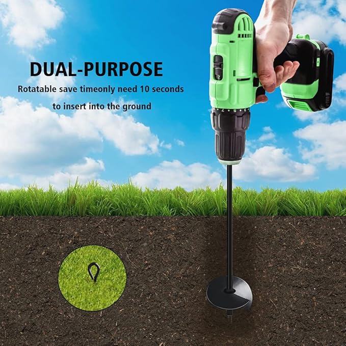 MIXXIDEA Dual-Purpose Ground Anchor 15 Inch 8 Pack Heavy Duty for High Winds Metal Ground Stakes Dog Tie Out Stake Screw Anchors Drill for Tents, Canopies, Swing Sets, Sheds, Trampoline