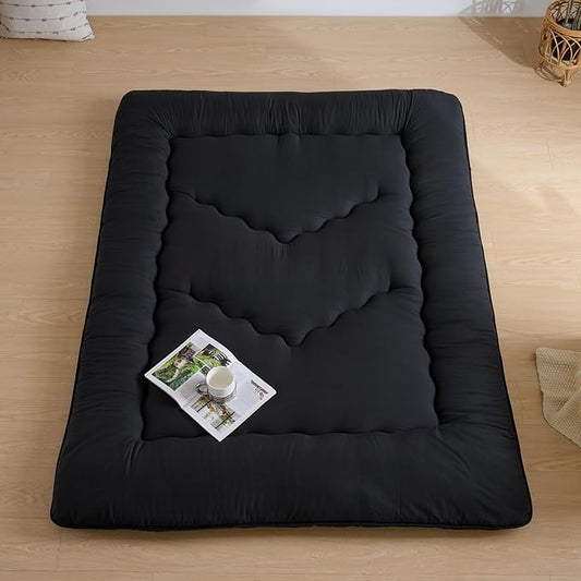 Japanese Floor Mattress, 3.5" Thicken Futon Mattress Tatami Mat, High Density Foam Support for Adult Kids Sleep, Portable Futon Sofa Bed for Camping, Pet Mat, Queen 80"x 60"（Black）