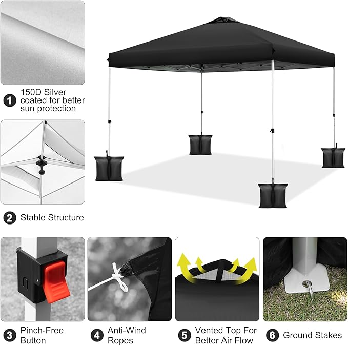 WEIZE 10x10 pop up Canopy Tent, One-Button Push Setup, Adjustable Height pop up Gazebo, Instant Portable Shelter, 4 Weight Bags, Sun Shade for Events & Camping, Silver Coated Top, Black