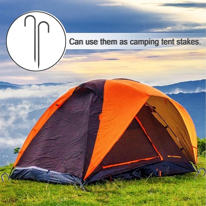 Rebar Stakes 12 Inch 32 Pack Tent Spikes Heavy Duty Metal J Hook, Fence Stakes for Trampoline, Fence, Camping Tent (32, J-12 x5/16 Black)