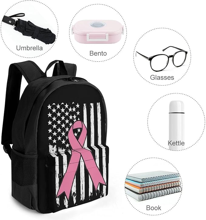 Supdreamc Daypack Backpack Anti-Theft Multipurpose Big Capacity Bookbag, Breast Cancer Awareness Pink Ribbon American Flag Business Computer Bag With Side Pockets