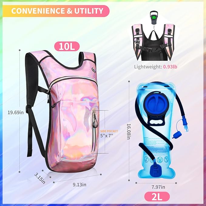 Hydration Backpack, Water Backpack with 2L Hydration Bladder, Rave Backpack Hydration Pack, Festival Essential for Raves, Hiking, Cycling, Climbing, Running, Outdoor, Camping and More