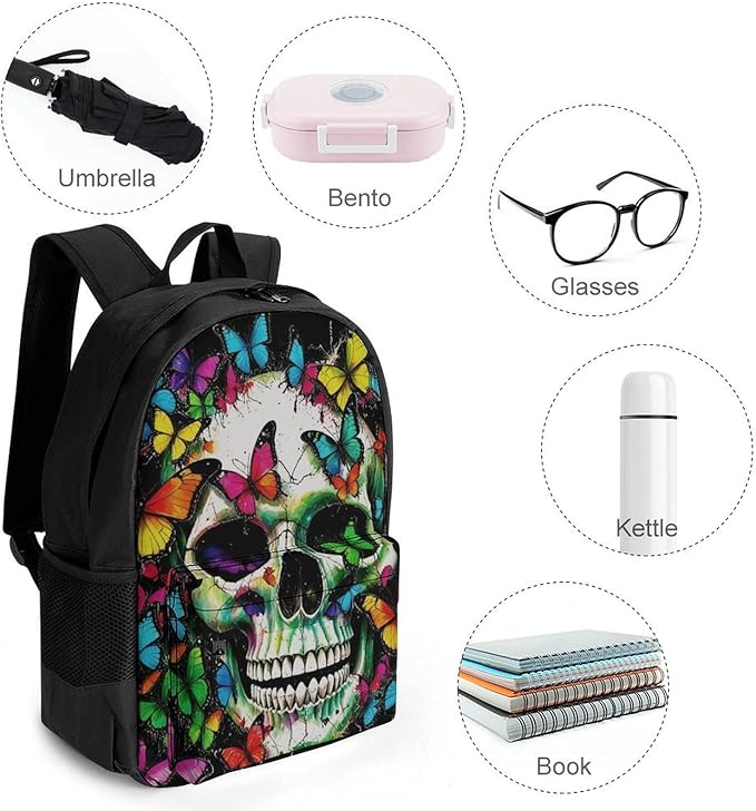 Men Women Polyester Mexican Skulls Colorful Butterfly Daypack Bookbag Big Capacity Shoulder Bag With Padded Straps for Climbing Travel Walking Cycling