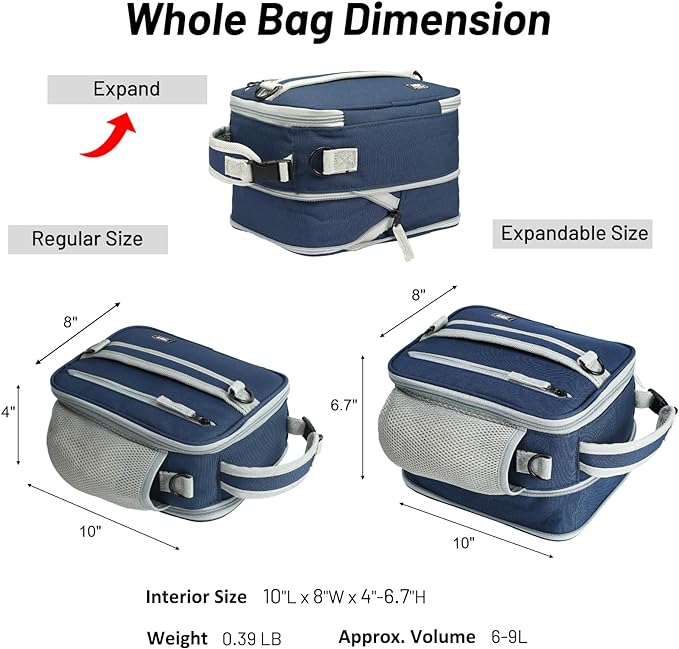 MIER Expandable Lunch Bag Insulated Lunch Box for Men Boys Teens to Work School Travel, Multiple Pockets Portable Lunchbox Bags with Shoulder Strap (Navy Blue