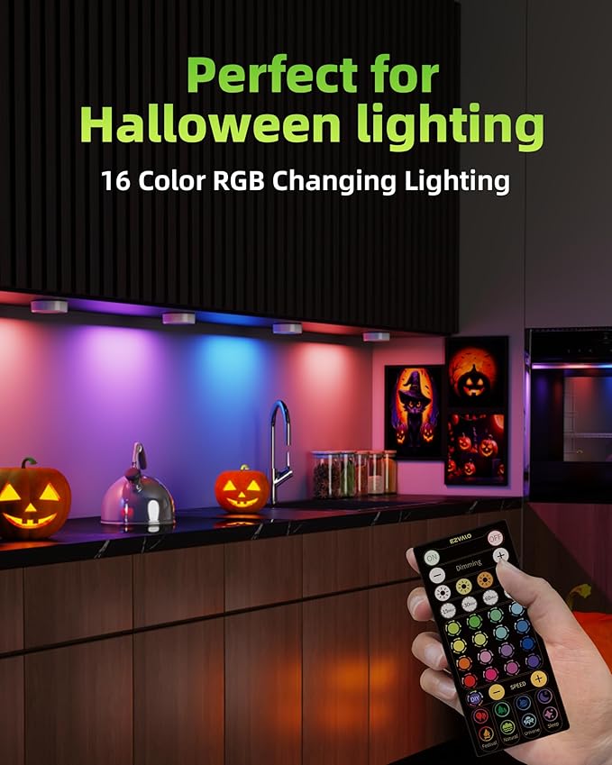 EZVALO LED Puck Lights, 6 Pack Rechargeable 3 Color & 16 RGB Battery Touch Light, 2.5'' Mini Tap Lights, Wireless Closet Light, Under Cabinet Lighting, Sitck On Lights for Kitchen,Pantry,Shelves