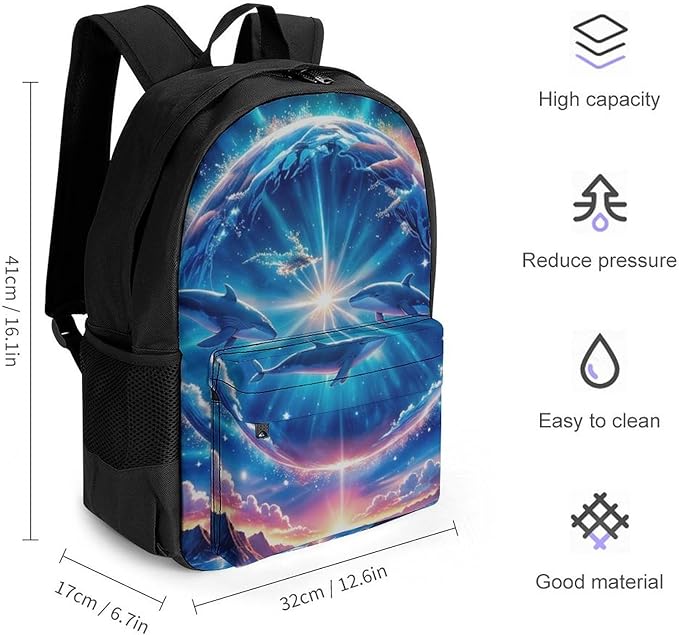 Lightweight Backpack for Gym Travel Bicycle, Big Capacity Multipurpose Anti-Theft Carry On Bag, Galaxy Dolphin Star Space Travel Hiking Bag Day Pack