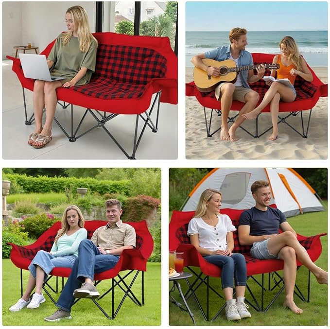 QUYUAN Double Camping Chair for Adult, Heavy Duty Folding Chair for 800lbs, Comfortable Lawn Chairs with Fully Padded, Camp Chairs for Outdoor Sports, Fishing, Concerts, Beach, Red Camping Loveseat