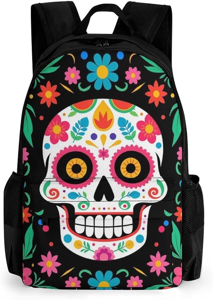 Supdreamc Daypack Anti-Theft Multipurpose Large Capacity Shoulder Bag, Mexican Day Of Dead Flower Traditional Sugar Skull Travel Hiking Camping Rucksack With Smooth Zippers