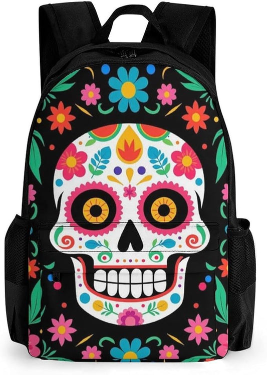 Supdreamc Daypack Anti-Theft Multipurpose Large Capacity Shoulder Bag, Mexican Day Of Dead Flower Traditional Sugar Skull Travel Hiking Camping Rucksack With Smooth Zippers