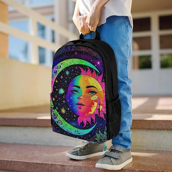 Supdreamc Men Women Polyester Psychedelic Sun And Moon Art Casual Daypack Large Capacity Carry On Bag With Adjustable Shoulder Straps for Camping Work Running