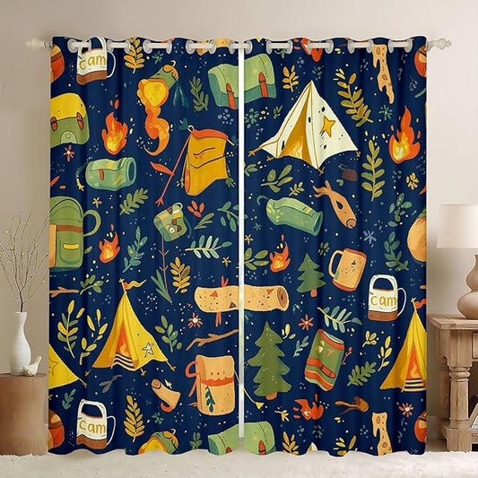 Feelyou Camping Decor Curtains for Bedroom Living Room Camper Accessories Blackout Shades Happy Camping Room Darkening Curtain Window Treatments, 2 Panels 42 x 63 Inch Decor