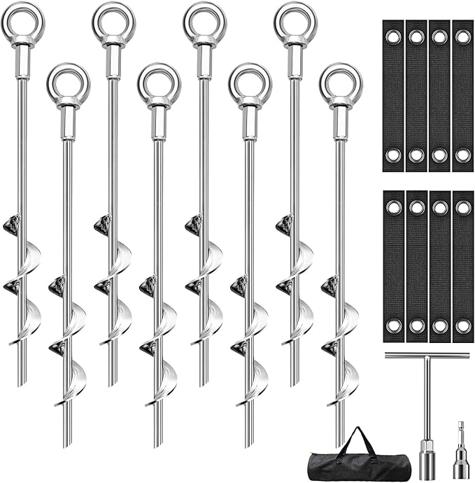 Phopich Ground Anchors Screw in, Swing Set Anchors Heavy Duty Tent Stakes Trampoline Anchors, 15" Spiral Earth Anchors with Straps for High Winds
