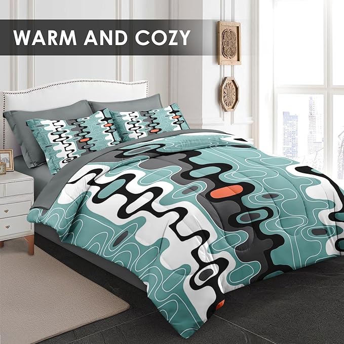 Comforter Set King Size, Mid Century Retro Stripe 7 Pcs Bedding for Kids and Adults, Vintage Geometric Cool Bed Sheet Sets with Fitted Sheet 2 Pillowcases & 2 Shams for Bedroom Bed Decor