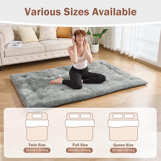 Japanese Floor Futon Mattress Full Size 54"x 80", 2.5'' Thick Foldable Roll Up Floor Bed Sleeping Pad, Foam Filled Tatami Mat with Straps for Guest Room, Dormitory & Camping, Grey