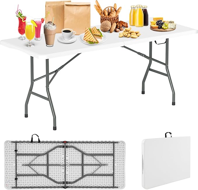 Folding Table, HDPE Portable Table with 6 ft Long Tabletop, Metal Frame Picnic Camping Table with Safe Lock, Collapsible Dining Table for Camping, Picnic, Party (White, 6 FT)