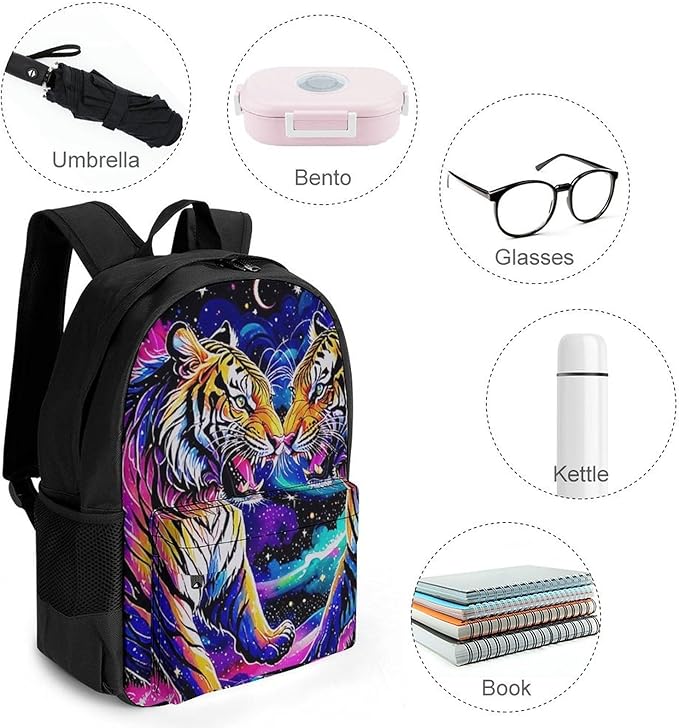 Supdreamc Daypack Backpack Anti-Theft Multipurpose Big Capacity Bookbag, Cool Tiger Universe Surreal Style Art Business Computer Bag With Side Pockets