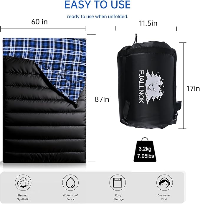 Double Sleeping Bag Cotton Flannel for Camping, Backpacking Or Hiking. Waterproof Queen Size Two Person Sleeping Bags for Adults Or Teens. Lightweight with Compression Sack