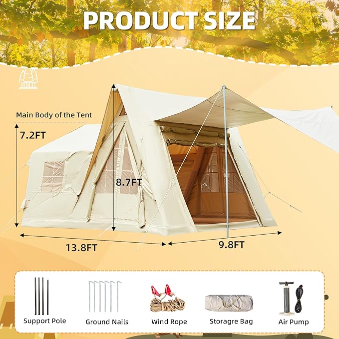 EROMMY 4/6/8/12 Person Inflatable Tent with Skylight, 4 Season Blow Up Tents with Hand Pump for Outdoor Camping & Hiking, Easy Set-up Windproof Sunproof Waterproof