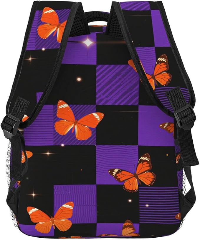 Men Women Polyester Butterflies Buffalo Plaid Purple Tartan Daypack Backpack Large Capacity Carry On Bag With Smooth Zippers for Hiking Picnic Walking Cycling