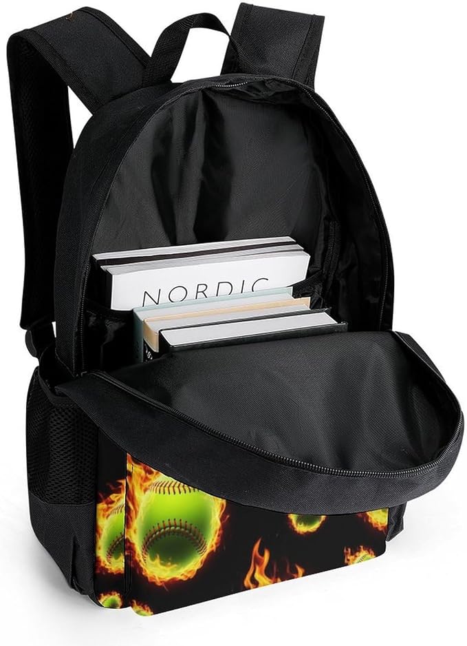 Supdreamc Men Women Lightweight Fire Flame Softball Baseball Casual Daypack Big Capacity Bookbag With Padded Straps for Gym Travel Walking Cycling