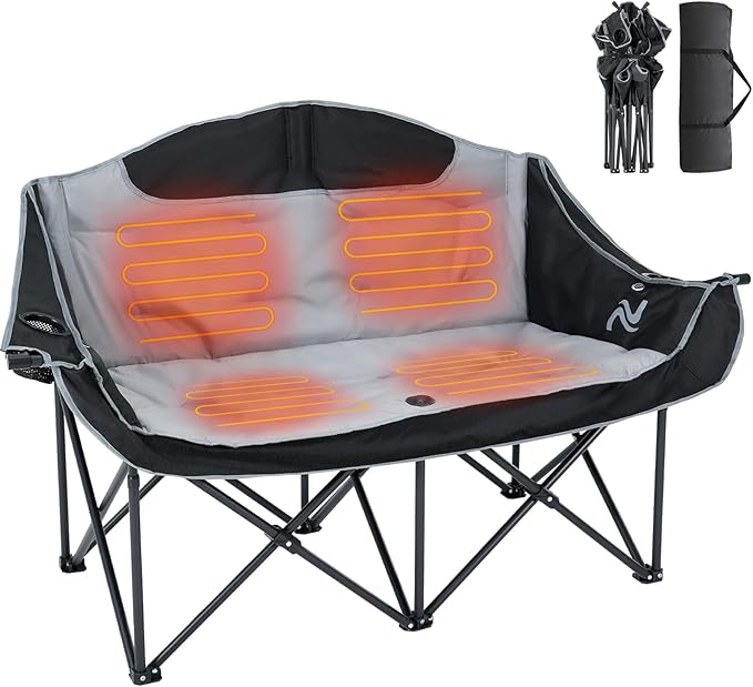 DoCred Heated Double Camping Chair, Heated Folding Camping Chairs Loveseat Outdoor Sports,Heating Oversized Lawn Chairs for Adults,2 Person Camp Chair with 3 Heat Levels, Battery NOT Included