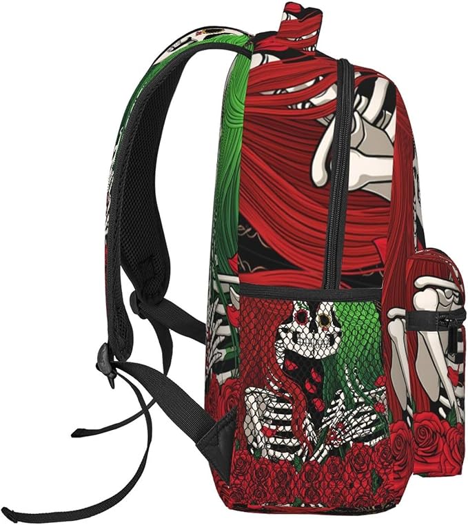 Men Women Polyester Skull Red And Green Hair Art Daypack Big Capacity Shoulder Bag With Smooth Zippers for Hiking Work Walking Cycling