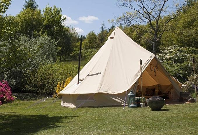 4 Season Waterproof Large Family Camping Cotton Canvas Bell Tent Beige Glamping Tent with Roof Stove Jack Hole and Electric Cable Hole (Diameter: 7M-22.97ft)