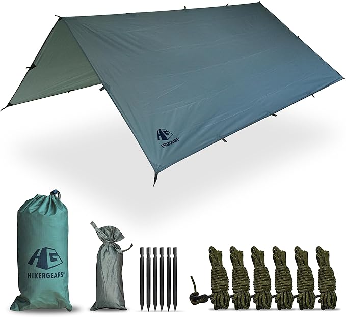 Camping Tarp 10x10 ft (3x3 m) Waterproof Lightweight Rain Fly - Backpacking, Hammock Shelter, Emergency Survival Tent, Durable, Compact All-Weather Cover