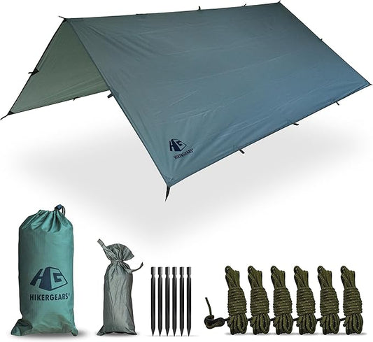 Camping Tarp 10x10 ft (3x3 m) Waterproof Lightweight Rain Fly - Backpacking, Hammock Shelter, Emergency Survival Tent, Durable, Compact All-Weather Cover