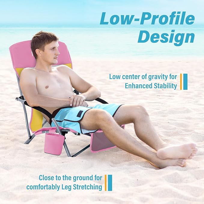 Homcosan Portable Low Folding Beach Chairs Set of 2 - Lightweight Camping Chairs for Adults with Cup Holder & Storage Pockets, Carry Bag Included (Pink & Yellow)