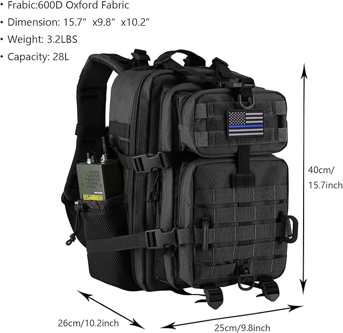 30L MOLLE Assault Pack, Tactical Backpack Military Army Camping Rucksack with Bottle Holder, 3-Day Pack, Black