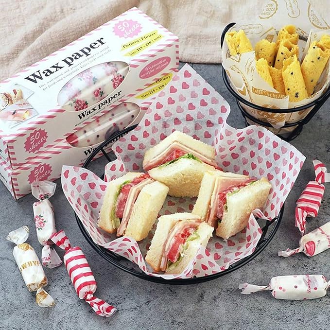 Wax Paper,50 sheets Grease Proof Paper,Waterproof Dry Hamburger Paper Liners Wrapping Tissue for Plastic Food Basket for Baking Grilling Air Fryer Steaming Bread Cake Cookie(Red stripes)