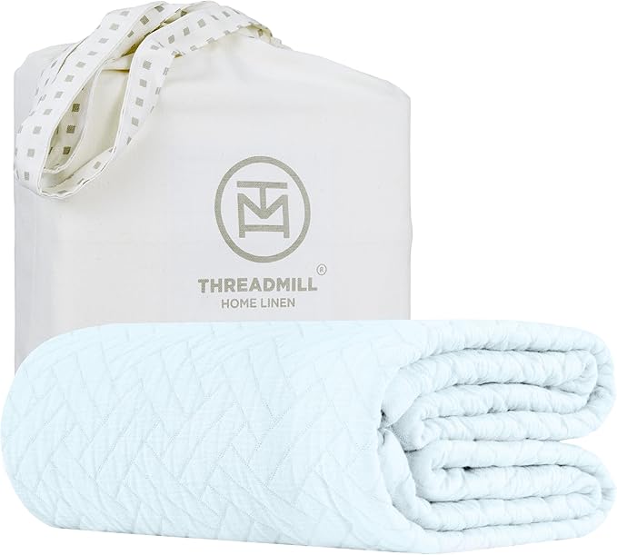 Threadmill Luxury Cotton Blankets for Queen Size Bed |All-Season 100% Cotton Queen Size Blanket | Criss Cross Jacquard Cozy Lightweight, Soft Breathable Coverlet fits Full Size Bed, 90x92 | Light Blue