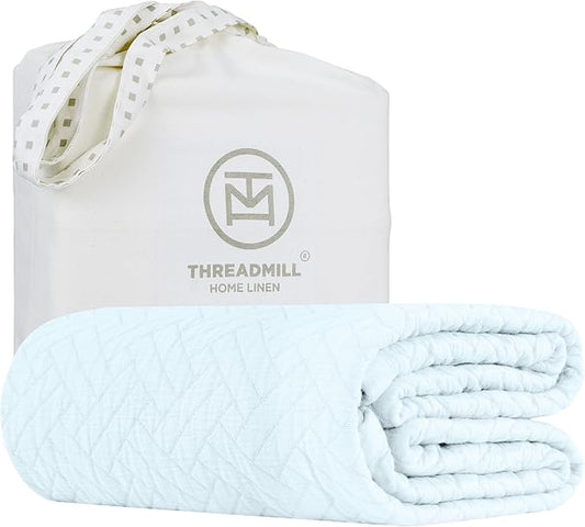Threadmill Luxury Cotton Blankets for Queen Size Bed |All-Season 100% Cotton Queen Size Blanket | Criss Cross Jacquard Cozy Lightweight, Soft Breathable Coverlet fits Full Size Bed, 90x92 | Light Blue
